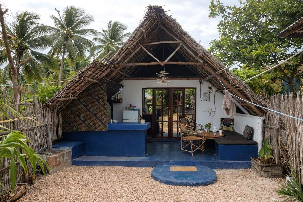 The Makuti Banda — palm-thatched roof, blue veranda and tropical garden