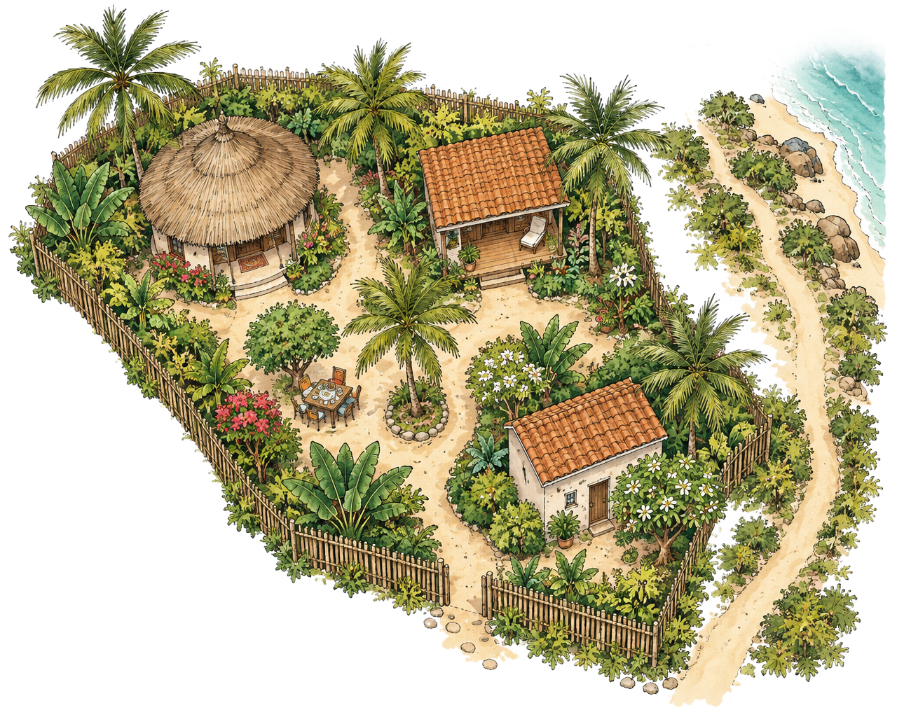 Illustrated map of the Kilimani Lodge garden compound seen from above: the Makuti Banda, the Garden House, the family house, and the sand path toward the beach